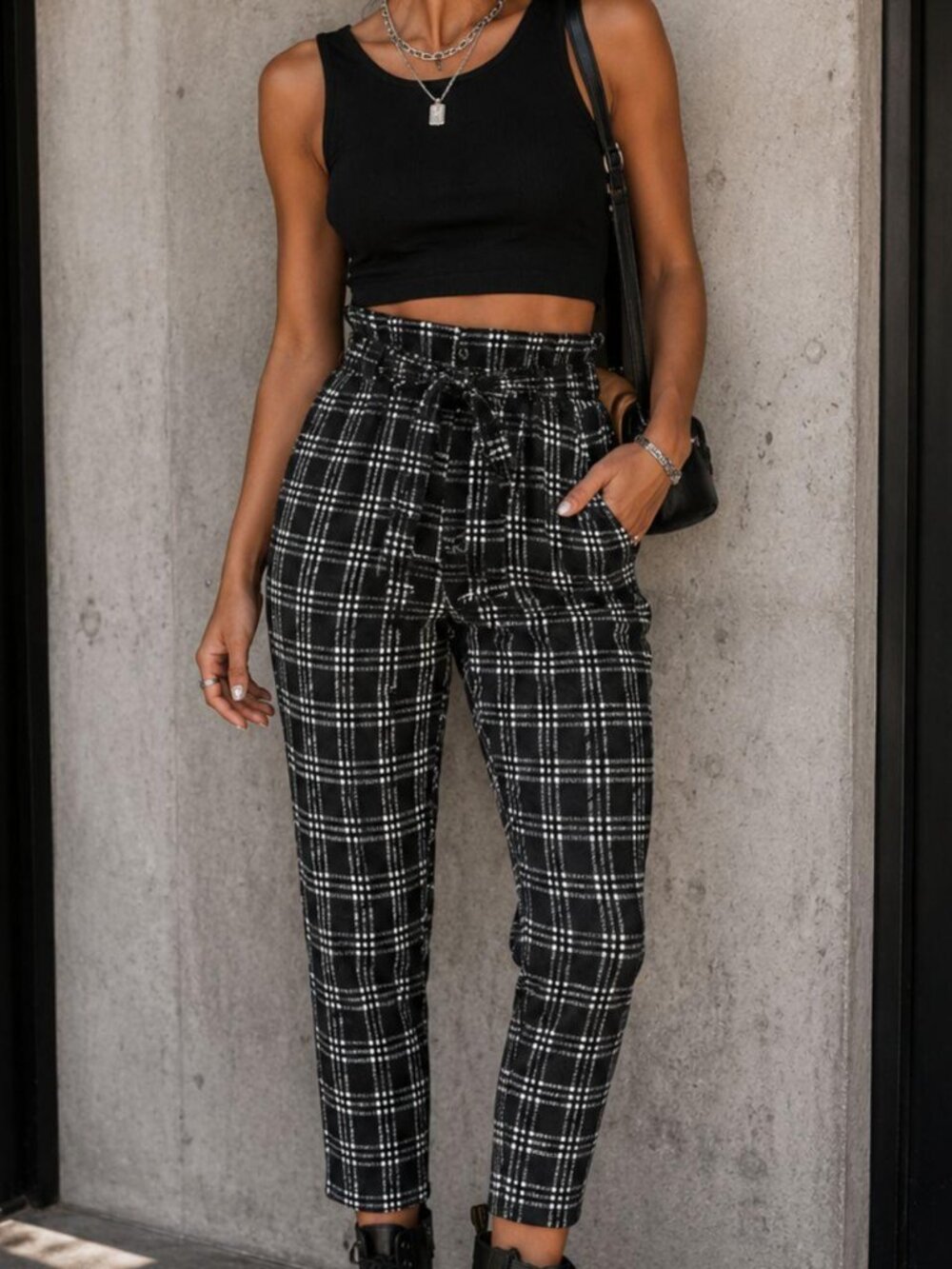 Black plaid pants with tie waist belt